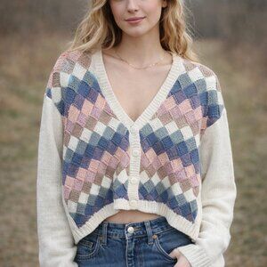 Vintage Chrysantheme Woman Spring Color Quilt-like Design Cardigan Sweater Sz. M